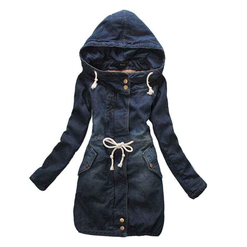 2019 Женское зимнее винтажное длинное джинсовое пальто с капюшоном теплая