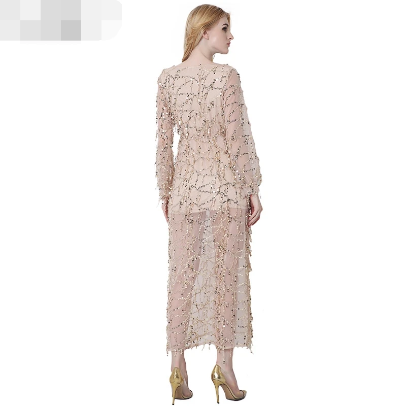 Женское платье с кисточками длинное Сетчатое блестками и треугольным вырезом