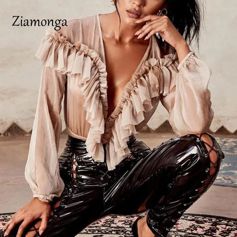 Ziamonga шифон прозрачной сетки с длинным рукавом боди Для женщин оборками Глубокий V бодисьют пикантный Повседневное Короткие вечерние Летний комбинезон