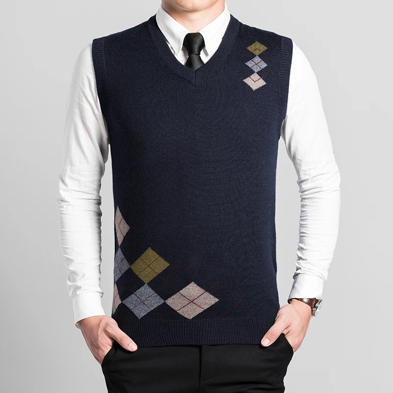 Мужской кашемировый свитер жилет Повседневный с узором ромбиками без рукавов