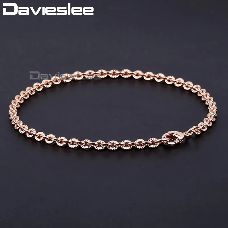 Davieslee 3 мм 18 см 20 см 23 см женский браслет 585 однотонный цвет розовое золото желтый Rolo круглая цепочка GB395A