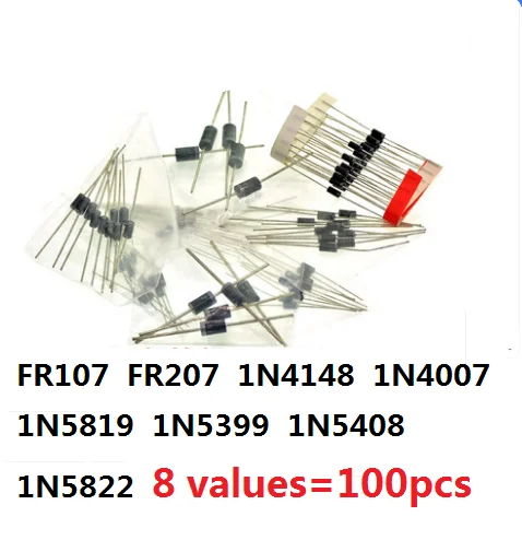 Набор диодов FR107 FR207 1N4148 1N4007 1N5819 1N5399 1N5408 1N5822 8 значений = 100 шт. набор комплектов