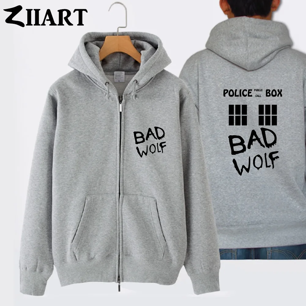 Bad Wolf TARDIS police box window public call couple clothes boy man male cotton full zip hooded Coats Jackets | Мужская одежда