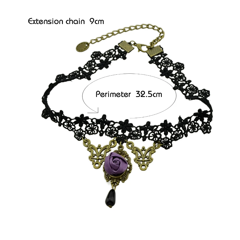 Feelshine Punk Rock Style Gothic Black Lace Rope Hollow Out Chain With Antique Gold-Color Purple Flower Choker Necklace | Украшения и