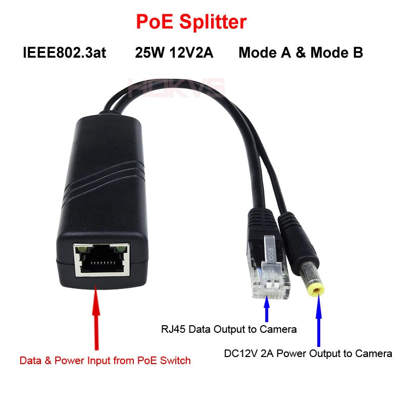 Hokvs PoE Splitter IEEE 802.3at/AF Стандартный DC 12 В 2A 25 Вт Мощность Over Ethernet для видеонаблюдения