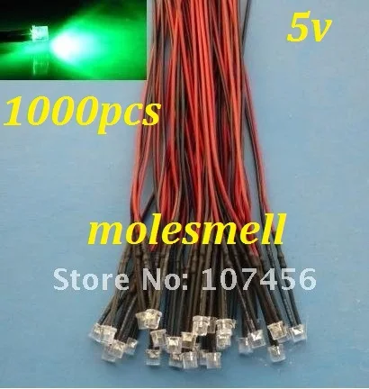 Free shipping 1000pcs 5mm Flat Top Green LED Lamp Light Set Pre-Wired 5mm 5V DC Wired 5mm 5v big/wide angle green led