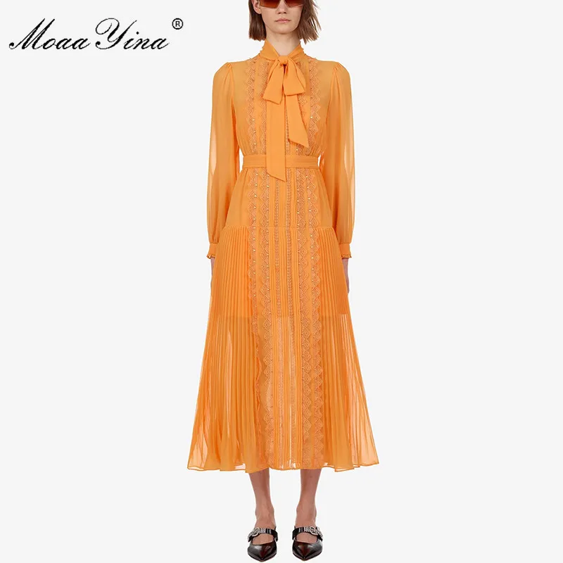 MoaaYina модное дизайнерское подиумное платье Весна Осень желтое женское с длинным