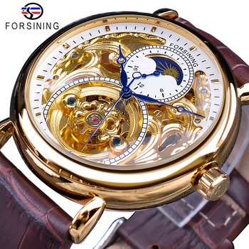 Forsining White Golden Display Brown Genuine Leather Moonphase Design Fashion Blue Hands Mens Mechanical Watch Top Brand Luxury