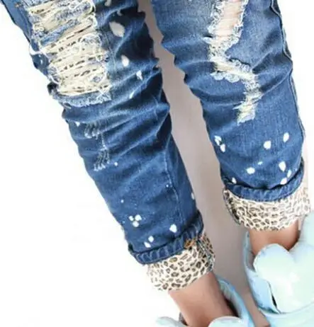 new 2015 fashion show thin white leopard grain mill do old hole pencil jeans garment tide flanging free delivery |