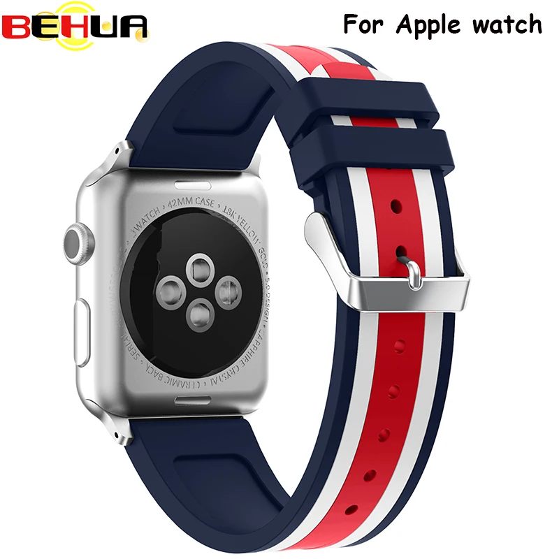 

BEHUA Colorful Silicone Wrist Strap for Apple Watch Band 38mm 42mm 40mm/44mm Rubber Sport Bracelet Watchband With Adapter Correa