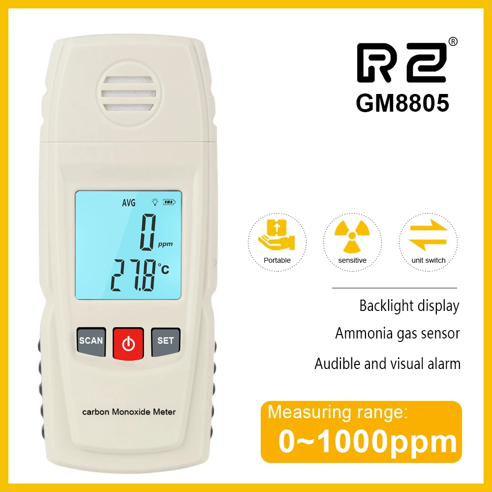 

RZ Carbon Monoxide Meter CO Gas Leak Detector Analyzer High Precision Gas Monitor 1000ppm GM8805 Handheld LCD Tester