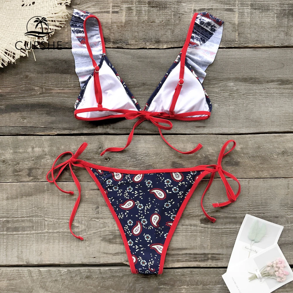 CUPSHE зеленый и цветочный на шнуровке комплект бикини бретельках для женщин Scalloped