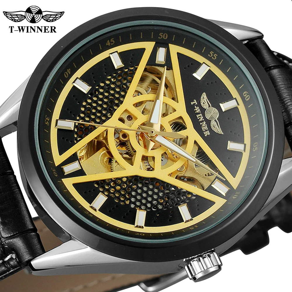 Часы наручные WINNER Мужские механические модные гоночные спортивные с золотистым