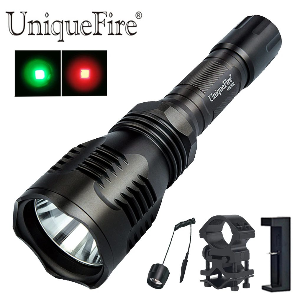 

UniqueFire HS-802 300LM Flashlight 1 Mode Red/Green Light 250 Yard Long Range Torch+Remote Pressure Switch+Barrel Mount+Charger