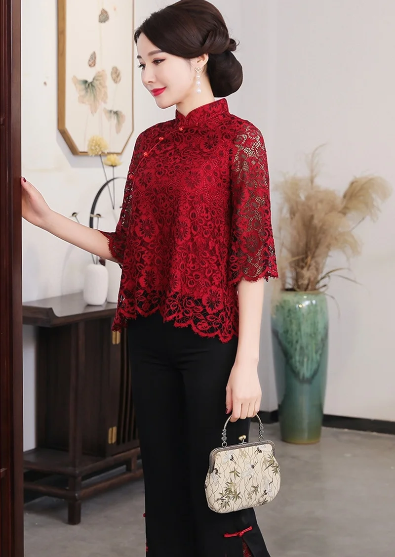 Китайские Топы Cheongsam для женщин весна лето Шанхай Тан одежда женская винтажная рубашка кружевные женские китайские Топы TA1526