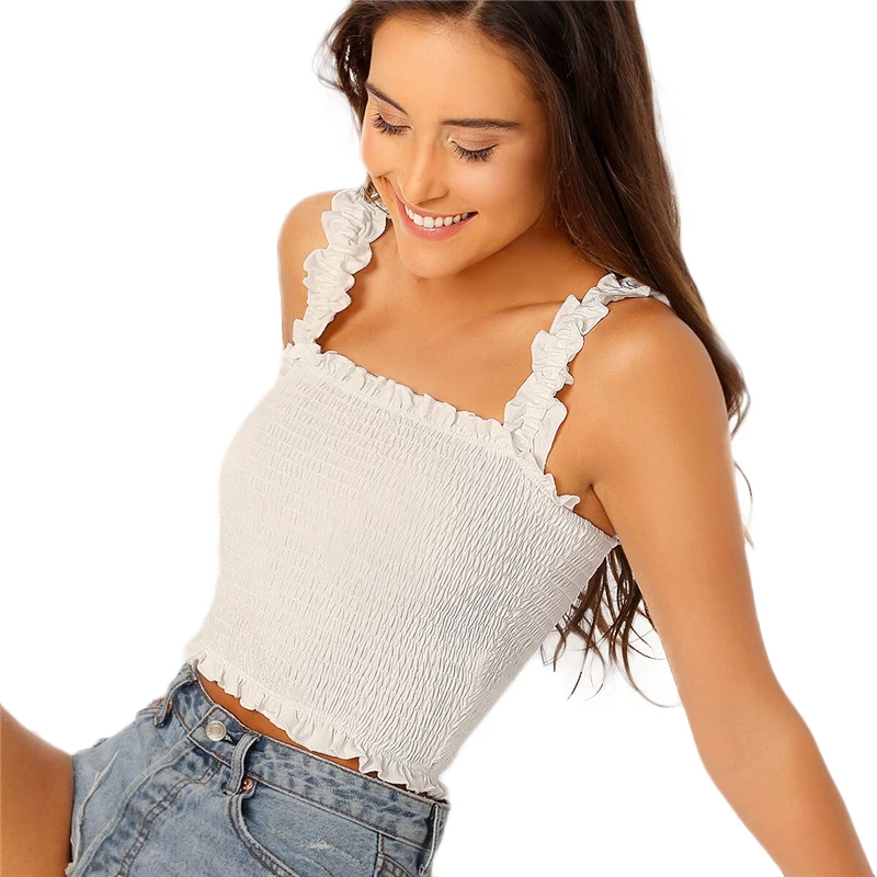 SHEIN модный короткий топ с оборкой, женская одежда, Boho эластичные топы, облегающие топы белого и красного цвета, летние топы