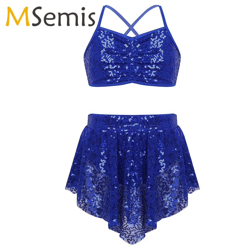 Балерины платье для девочек блестящий топ на бретельках с блестками и юбкой