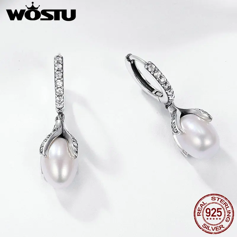 WOSTU подлинные 925 пробы серебряные серьги-капли с цветущими лепестками из пресноводного жемчуга для женщин, роскошные серебряные ювелирные изделия CQE259