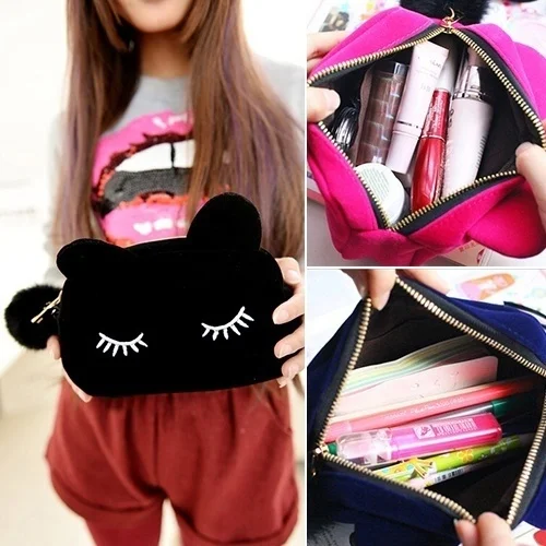 Colorful Cartoon Cat Design Coin Storage Case Travel Makeup Flannel Pouch Cosmetic Bag | Багаж и сумки