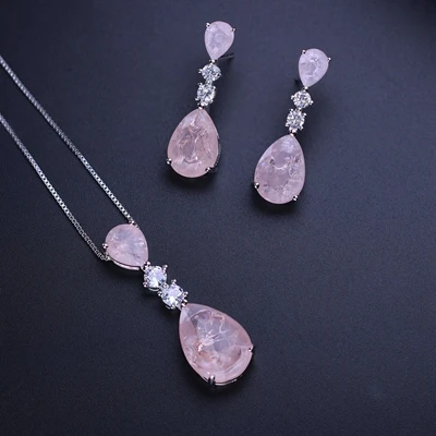 Pink -white plated Newranos серьги-гвоздики в форме капли воды и ожерелье с кулоном, вечерние Ювелирные наборы, подарок для женщин SFX003912 - Окраска металла: Pink -white plated