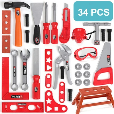 34pcs set 21-54 шт. игрушки в виде садовых инструментов, набор инструментов для ролевых игр, набор инструментов для моделирования, дрель, отвертка, набор инструментов для ремонта, игрушки для дома, подарки - Цвет: 34pcs set