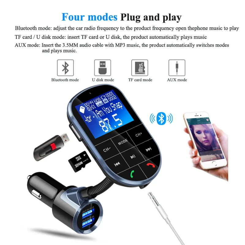 

HandsFree Wireless Bluetooth FM Transmitter + AUX Modulator Car Kit MP3 Player TF SD LCD Display Dual USB Car Charger