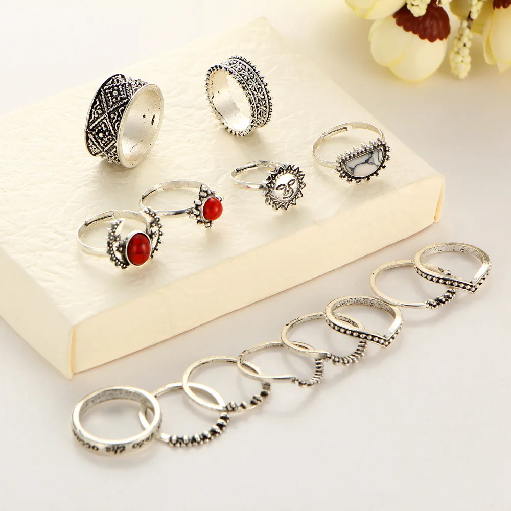 2018 New Vintage Silver Color 14pcs/Set Moon and Sun Midi Ring Sets for Women Pattern Female Red Big Stone Knuckle Rings Gift | Украшения и