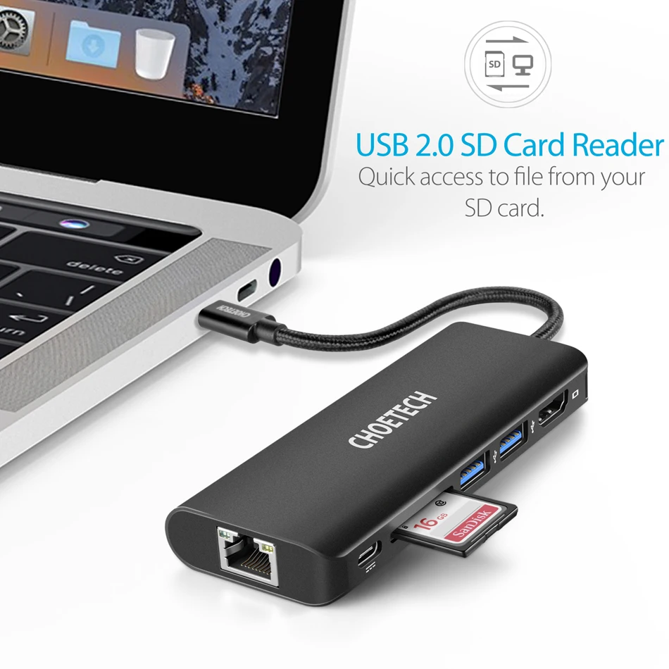 CHOETECH USB концентратор USB-C многопортовый адаптер PD зарядное устройство 4 K HDMI SD