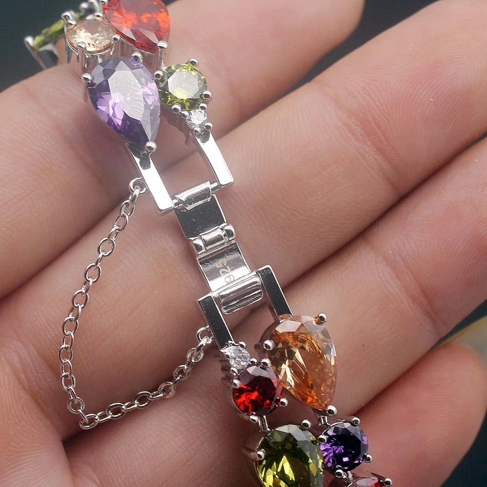 

HERMOSA jewelry 34PCS. NATURAL AAA Multicolor Morganite GarnetAmethyst Peridot 925 Sterling Silver Color Bracelet 8" DW31