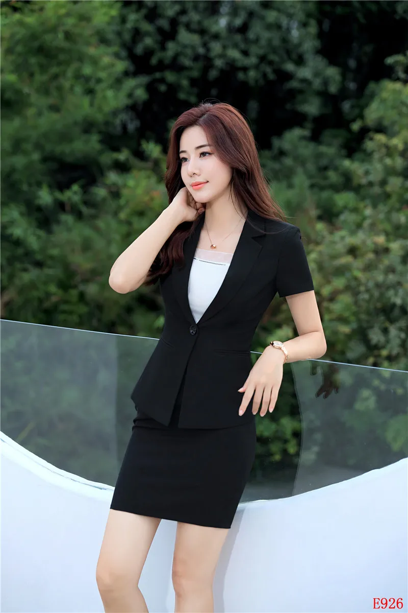 Летний официальный женский черный Блейзер женские деловые костюмы с юбкой и