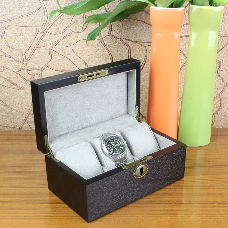 Fashion 3 Slots Brand Wood Watch Box Black European Style Watch Storage Box With Lock And Key Top Watch Jewelry Gift Case W0325