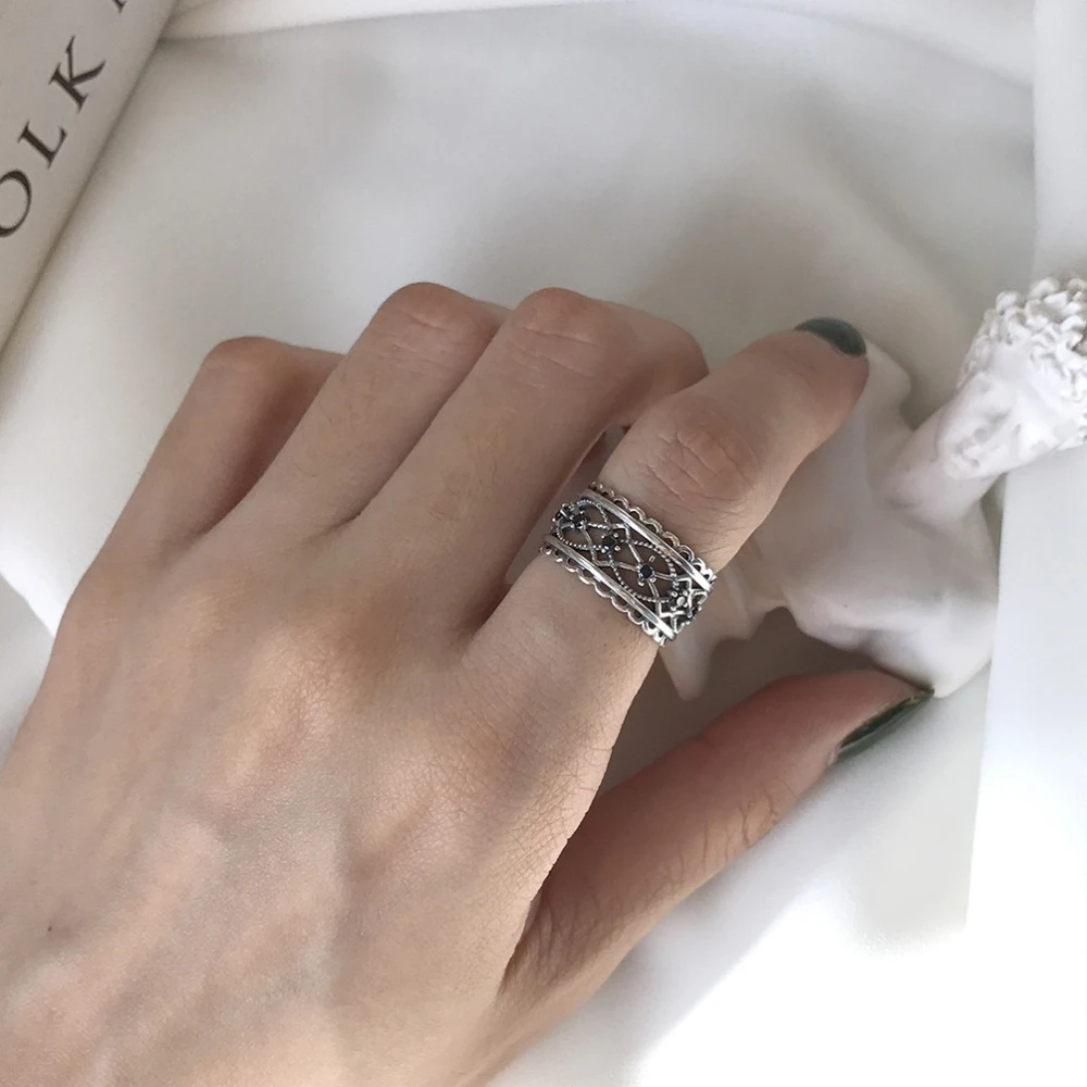 LEVEN необычное искусственное серебряное круглое черное агатовое Открытое кольцо