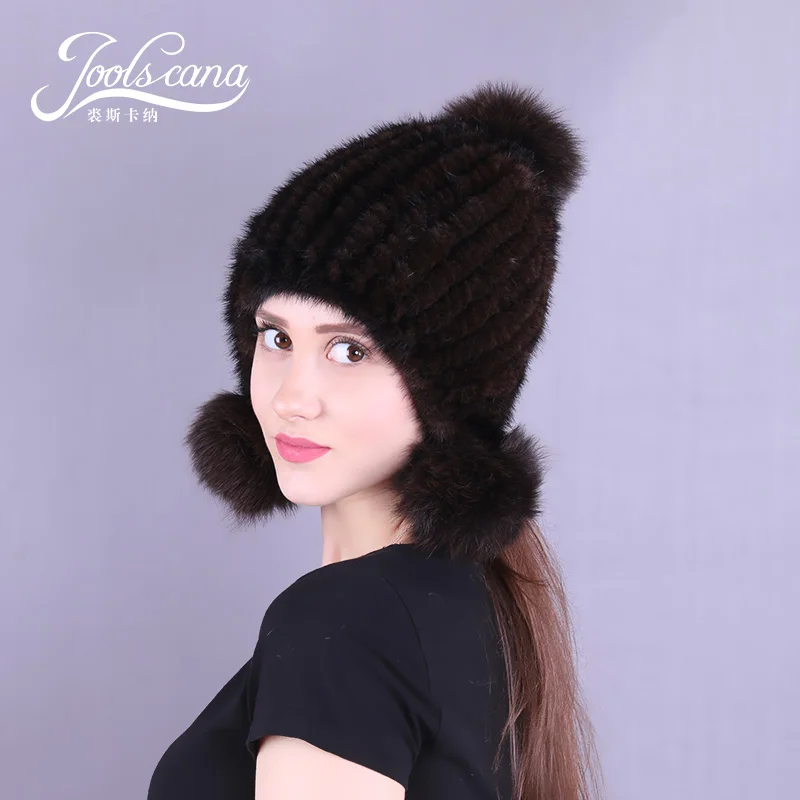 Зимние шапки JOOLSCANA для женщин, меховая шапка с помпоном, женская шапка, русская Меховая кепка, зимняя шапка из натурального меха норки, вязаные шапки с лисьим помпоном