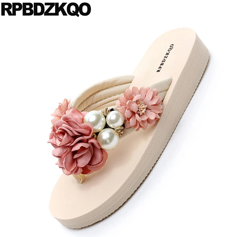 ластик 2018 высокий каблук танкетке шлепанцы цветок жемчужный шлепки сандалии