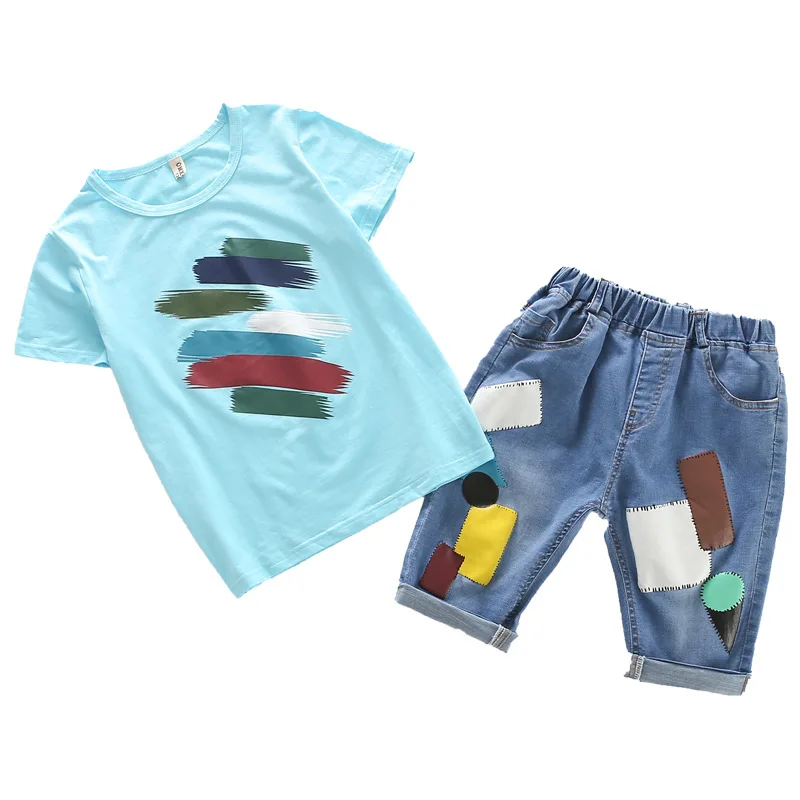 Boys Summer Clothes Set 2019 Color Print T-shirts and Geommetric Jeans Shorts 2pcs for Kids Outfits 4 6 8 12Yrs |