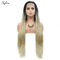 Sylvia Natural Hairline Black Roots Ombre Pastel Blonde Gray Green Lace Front Wigs Long Synthetic Hair Braided Box Braids Wig