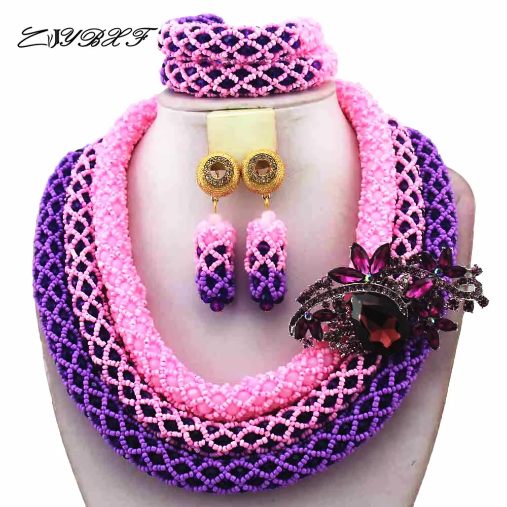 

Роскошный Новый розовый/фиолетовый нигерийский Свадебный комплект ювелирных изделий из африканских бусин полные бусины массивное ожерель...