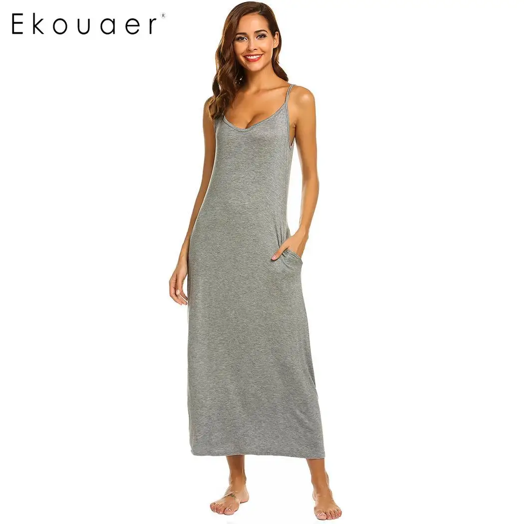 Ekouaer/женская ночная рубашка, сексуальная ночная рубашка, регулируемые бретельки, однотонное Ночное платье, женское длинное платье для сна, домашняя одежда, Ночнушки