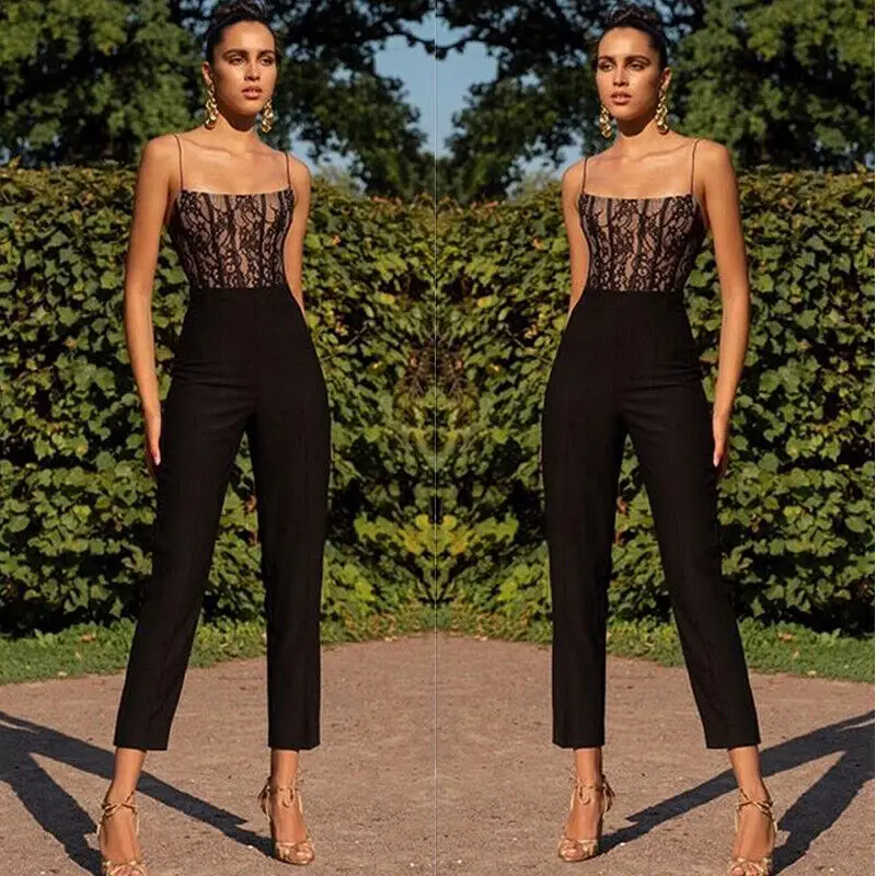 

Sexy Women Spaghetti Strap Wide legs Bodycon Jumpsuit Lace Mesh Romper Romper Clubwear Party Jumpsuit