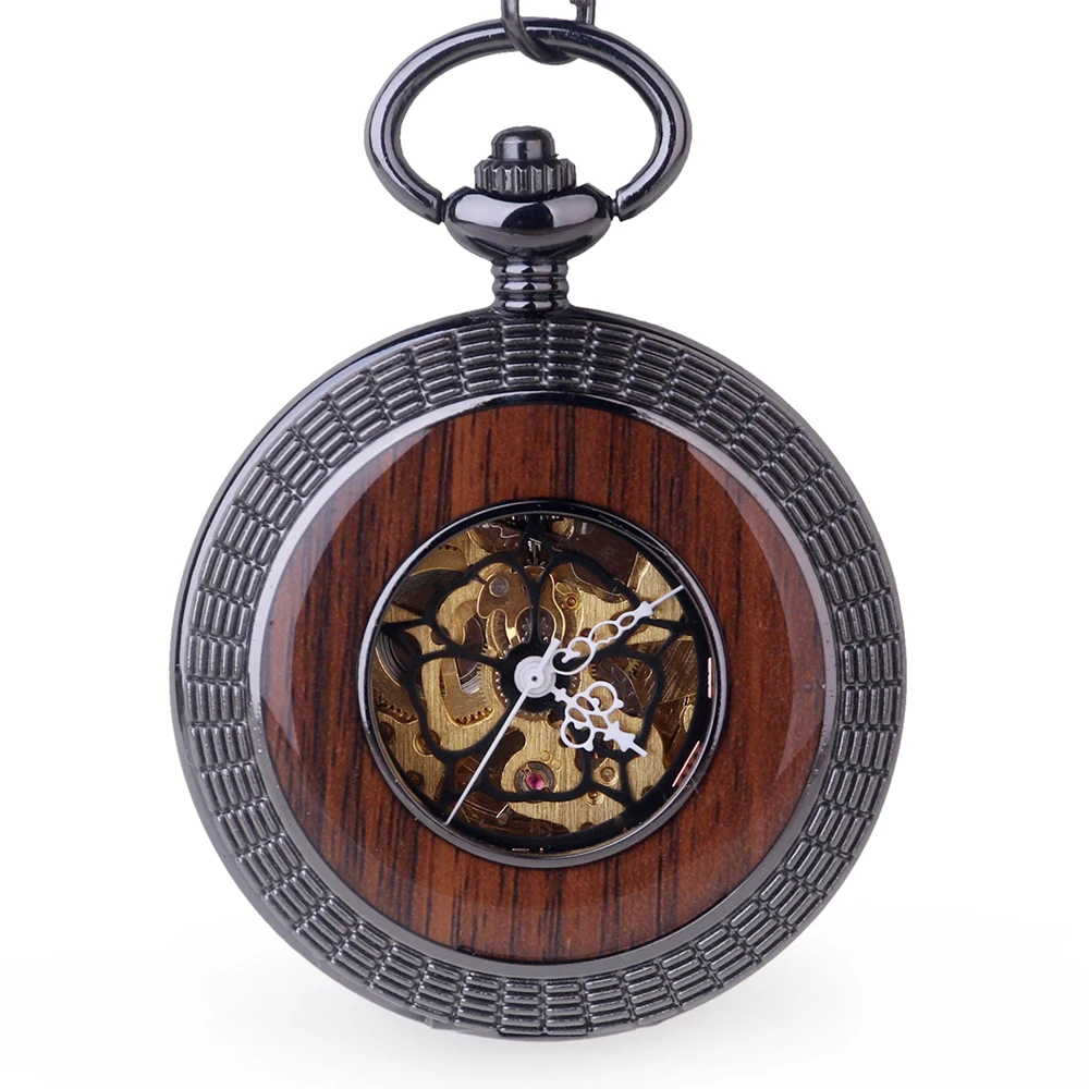 Luxury Black Roman Display Wooden Case Hollow Mechanical Pocket Watch Vintage Steampunk Mens Pendant Necklace Women Gift