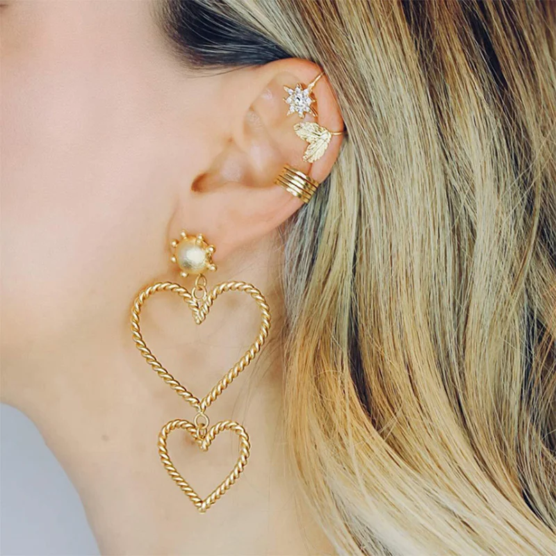 Fashion Vintage Double Heart Dangle Earrings Wire Hooks Gold color For Women | Украшения и аксессуары
