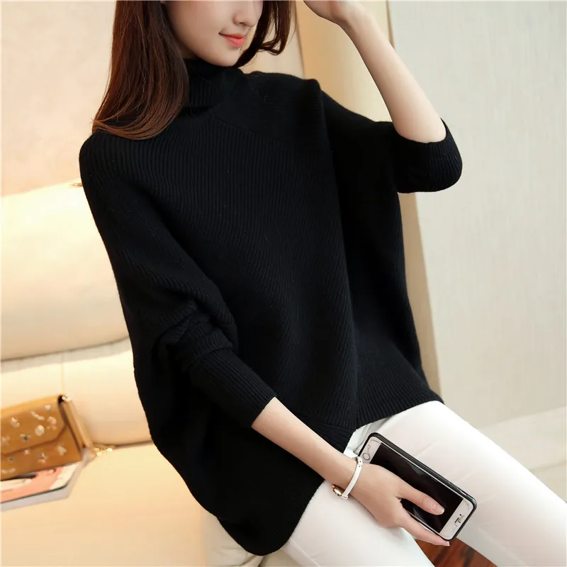 Autumn Winter Loose Bat Sleeve knit Sweater Pullover Women Contrast Color Turtleneck Knitted Sweaters And Pullovers Female Tops | Женская