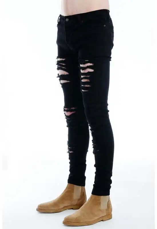 Мужские облегающие джинсы Rap черные большого размера рваные джинсы|biker skinny jeans|skinny