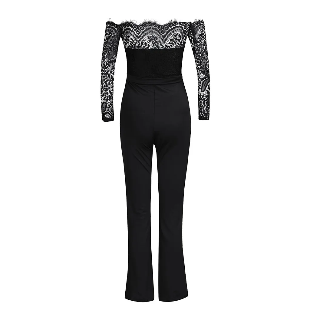 Женские комбинезоны женские длинные Pantalon Largo длинный рукав с открытыми плечами Slash шеи Кружева открытая спина комбинезон элегантный