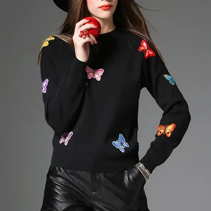 Свитер женский трикотажный, с круглым вырезом и вышивкой, однотонный, 2018