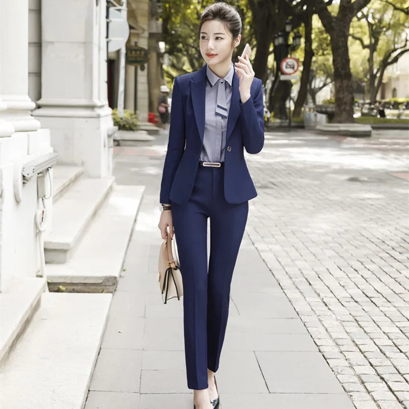 IZICFLY New Style Autumn Spring Business Ladies Uniform Pant Suits For Women Office Blazer Sets 2 Pieces With Trouser