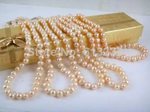 Новая мода Бесплатная доставка Очаровательная Оптовая продажа 3 шт 7-8 мм розовый Akoya Жемчужное ожерелье 18 