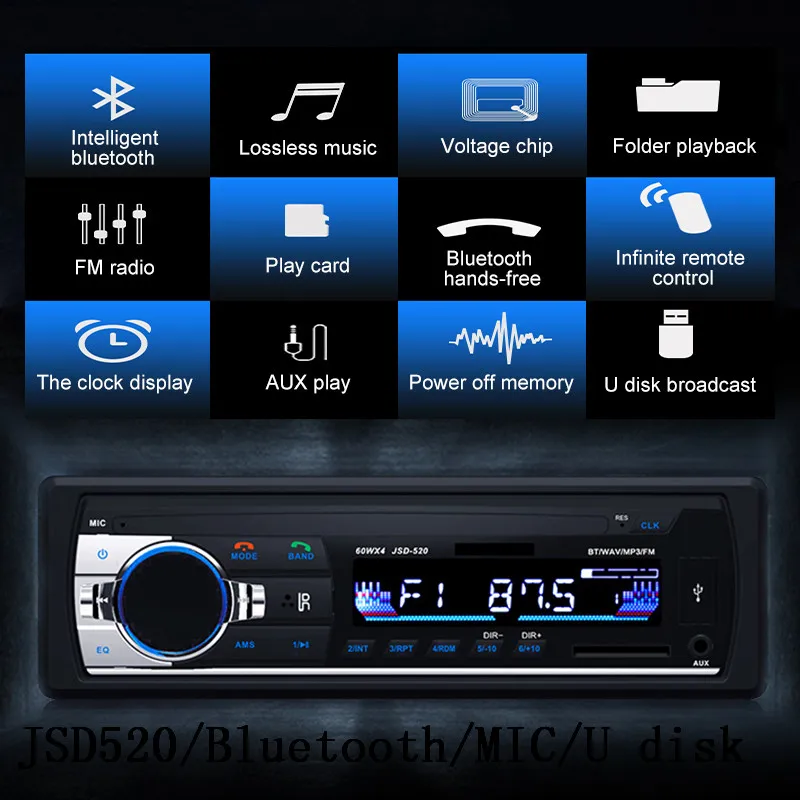 Автомагнитола 1 DIN 12 В Bluetooth FM радио MP3 аудио плеер 5 зарядное устройство USB SD AUX |