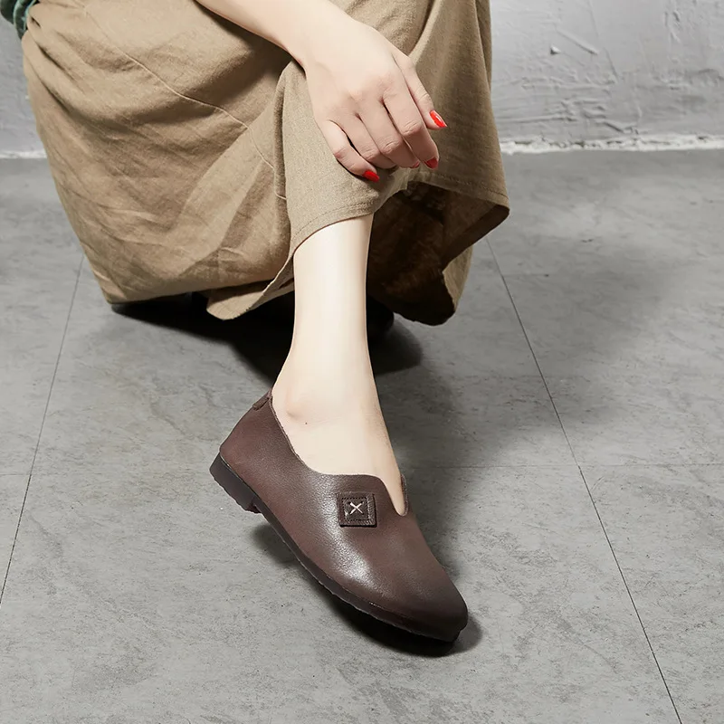 Johnature Women Shoes Genuine Leather Casual Flats Round Toe New Autumn Shallow Solid Color Handmade Womens Shoes