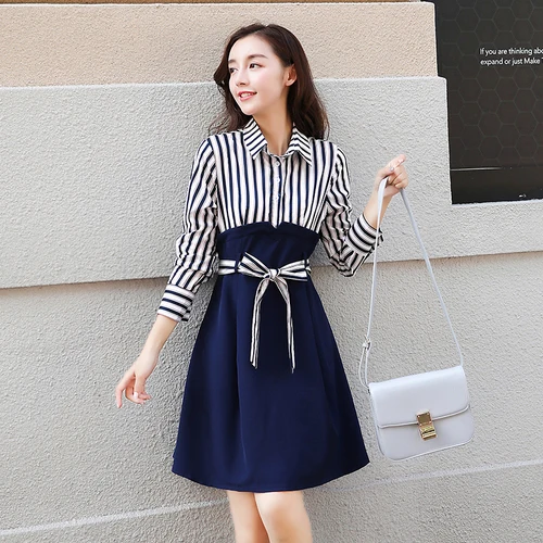 

Korean 2019 Spring Full Sleeve Patchwork Peter Pan Collar Women Dress Office Lady Preppy Style A-line Elegant Dresses Woman